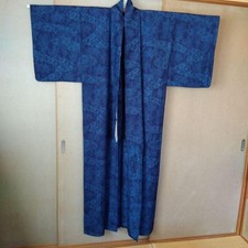 Boro Japanese Kimono Aged Textile Robe Navy Blue Floral Pattern Unlined Japan