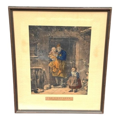 Vintage Currier & Ives The First Snow Antique Art Print Framed Historical READ