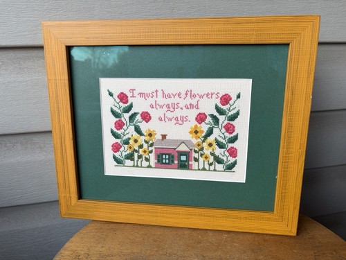 I Must Always Have Flowers Folk Country Framed Cross-Stitch Wall Art 14x11