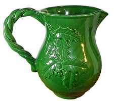 All Green Holly & Berry Christmas Ceramic Pitcher Jug. Made In Italy, 7.75