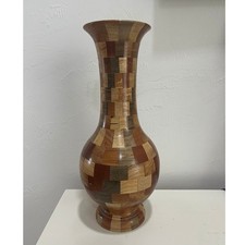 Unbranded Segmented Precious Wood Vase Unisex 16in Brown Patchwork Inlay Decor