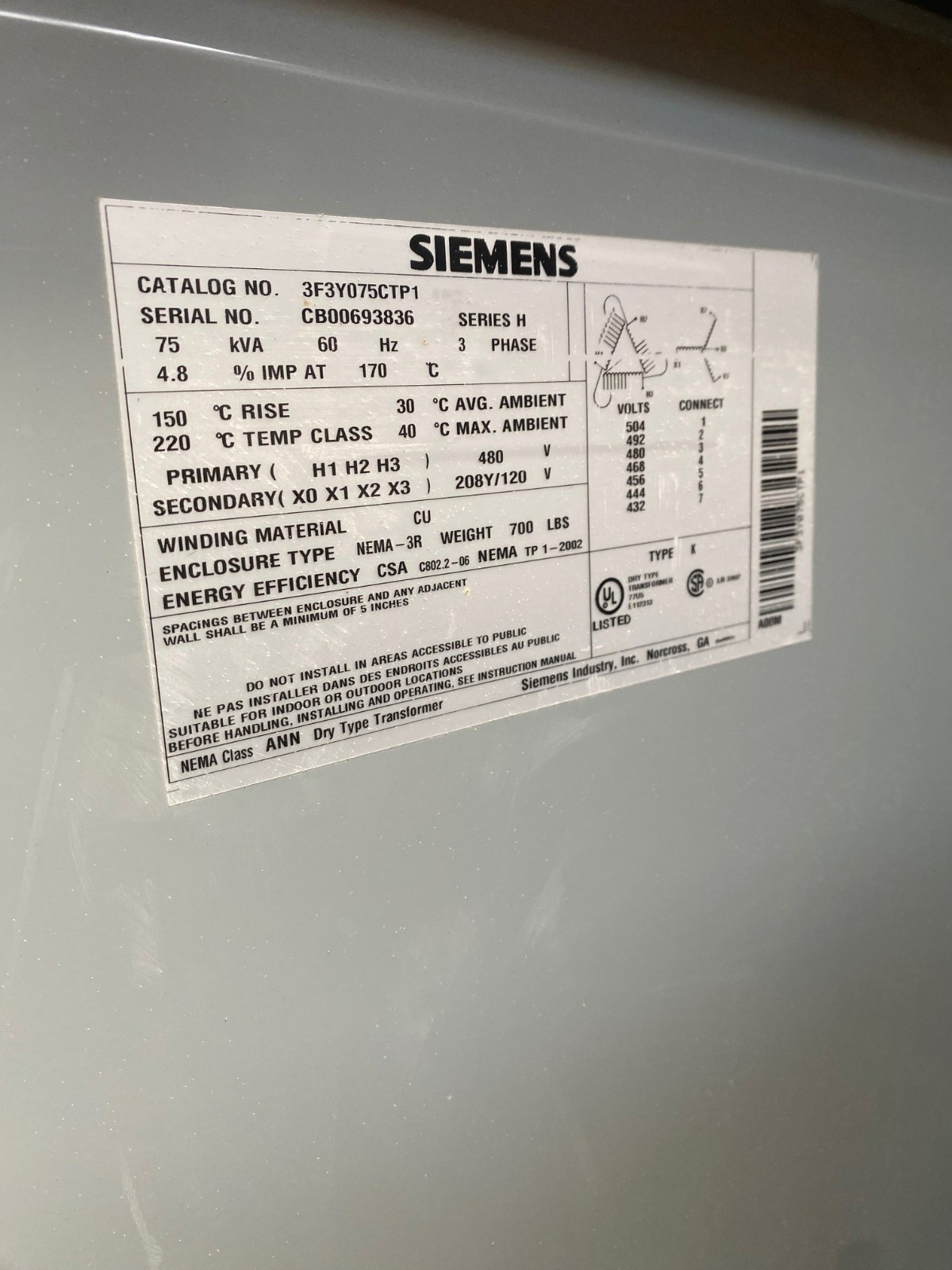Siemens 75 kVA Dry Type Transformer 480 V to 208Y/120 3 Phase NEMA 3R