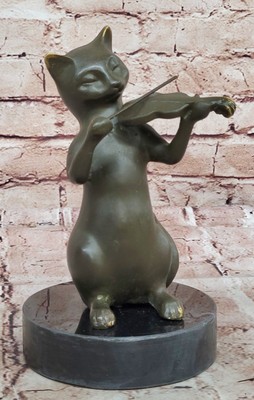 Unterzeichnet Bronze Katze Spielt Instrument Miguel Lopez Tier Haustier Skulptur