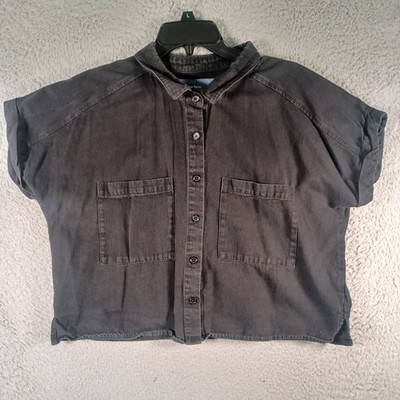 Indigo Rising Denim Black Button-Up Top Size Large Collar Pockets Comfortable