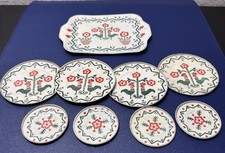 9 Lot J Chein Co child doll set roosters  flowers Tin saucers plates Platter