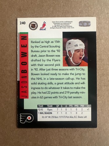 1993-94 Górny pokład - Jason Bowen #240 (RC) - Zdjęcie 2 z 2