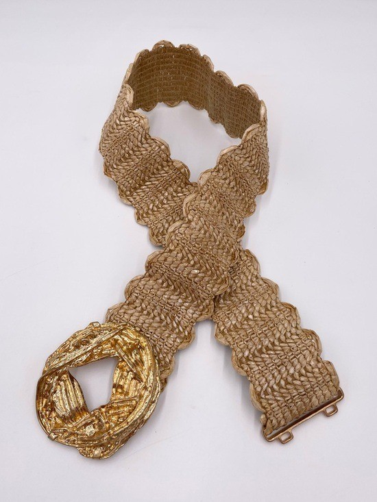 Zara Woven Raffia Belt Gold Tone Textured Buckle Stretch  display picture 2