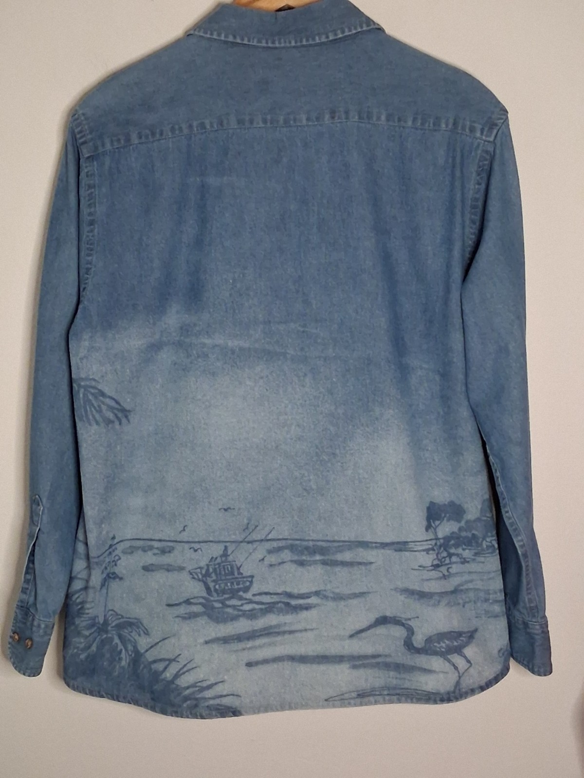 HARRITON Women's **XL Artsy Unique Denim Shirt Water Boats Birds Palm Trees