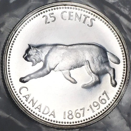 1967 CANADA 25 CENTS - 100 YRS CONFEDERATION / LYNX - BU P/L SILVER - RCM SEALED