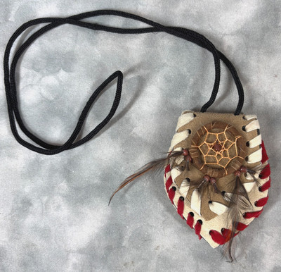 Boho Heart Dreamcatcher Medicine Pouch Necklace Feathers Beads Suede 90s Indones