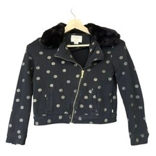 Kate Spade Black Gold Polka Dot Fur Collar Cropped Moto Jacket Girls 12