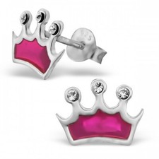 925 Sterling Silver Crown Pink Crystal Children's Ear Studs - Gift Pouch