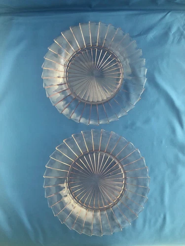 PAIR Sierra Pinwheel PINK Depression Glass 9" Dinner Plates - Jeannette Glass Co