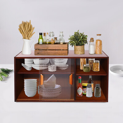 Walnut Bamboo 2-Tier Kitchen Pantry Cabinet W/ Tempered Glass Door Wall/Counter