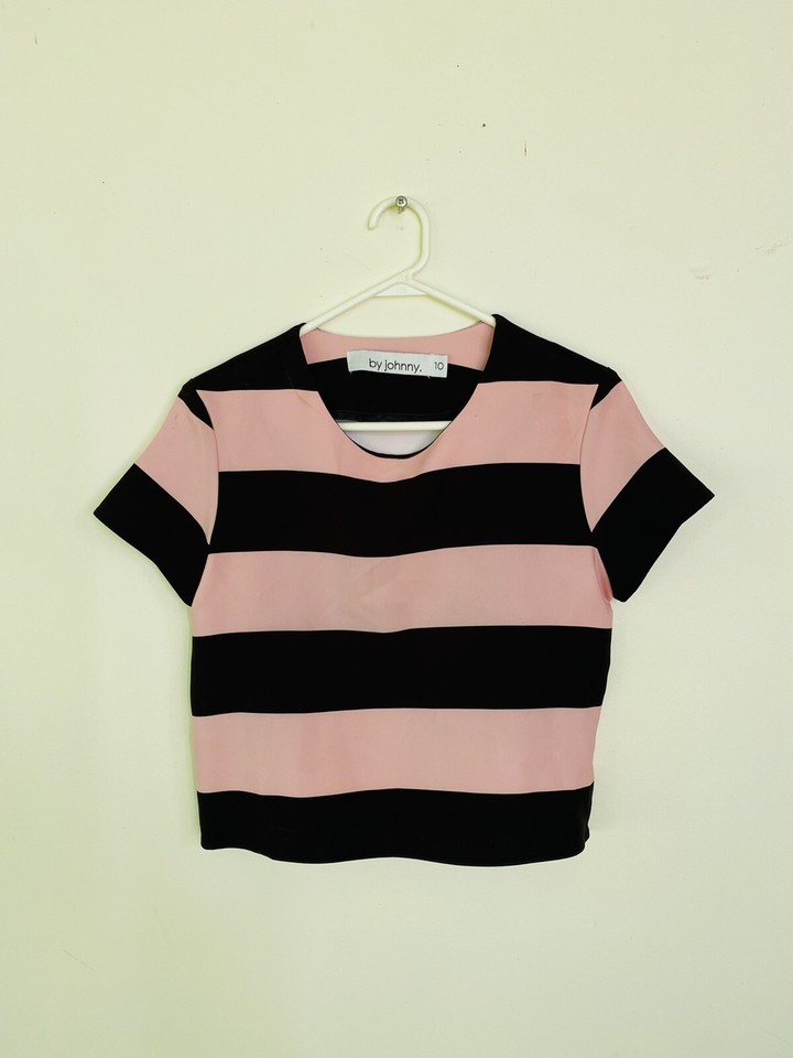🍁 BY JOHNNY pink Striped Cropped Tee Shirt Blouse 10 S