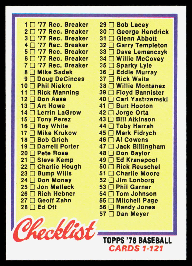 Checklist: 1-121 1978 Topps #74 NMT