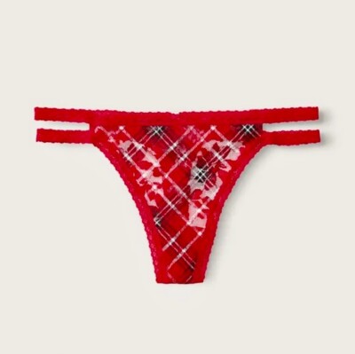 Victoria's Secret Pink Lace Strappy Thong Panty Red Pepper Plaid Large