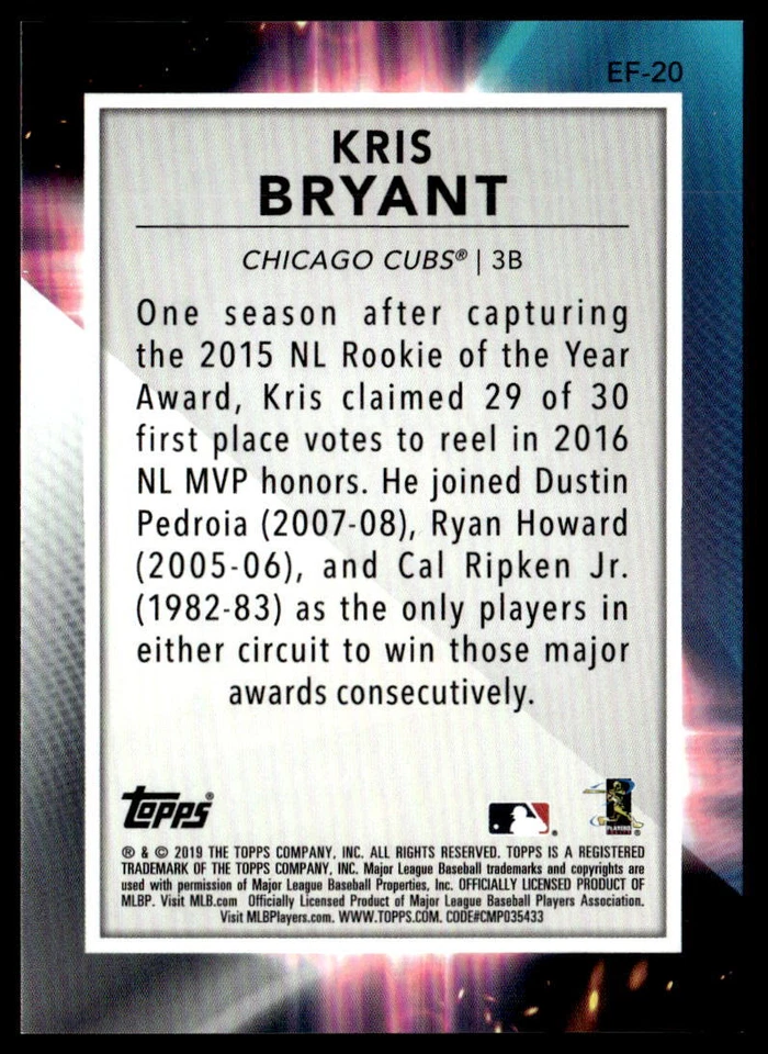 2019 Topps Fire #EF-20 Kris Bryant En Fuego Gold Minted Chicago Cubs - Image 2 of 2
