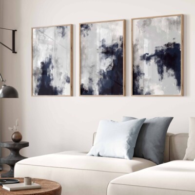 3er Set moderne Wandkunst marineblau weiß grau abstrakte Kunst, minimales Bild Zuhause
