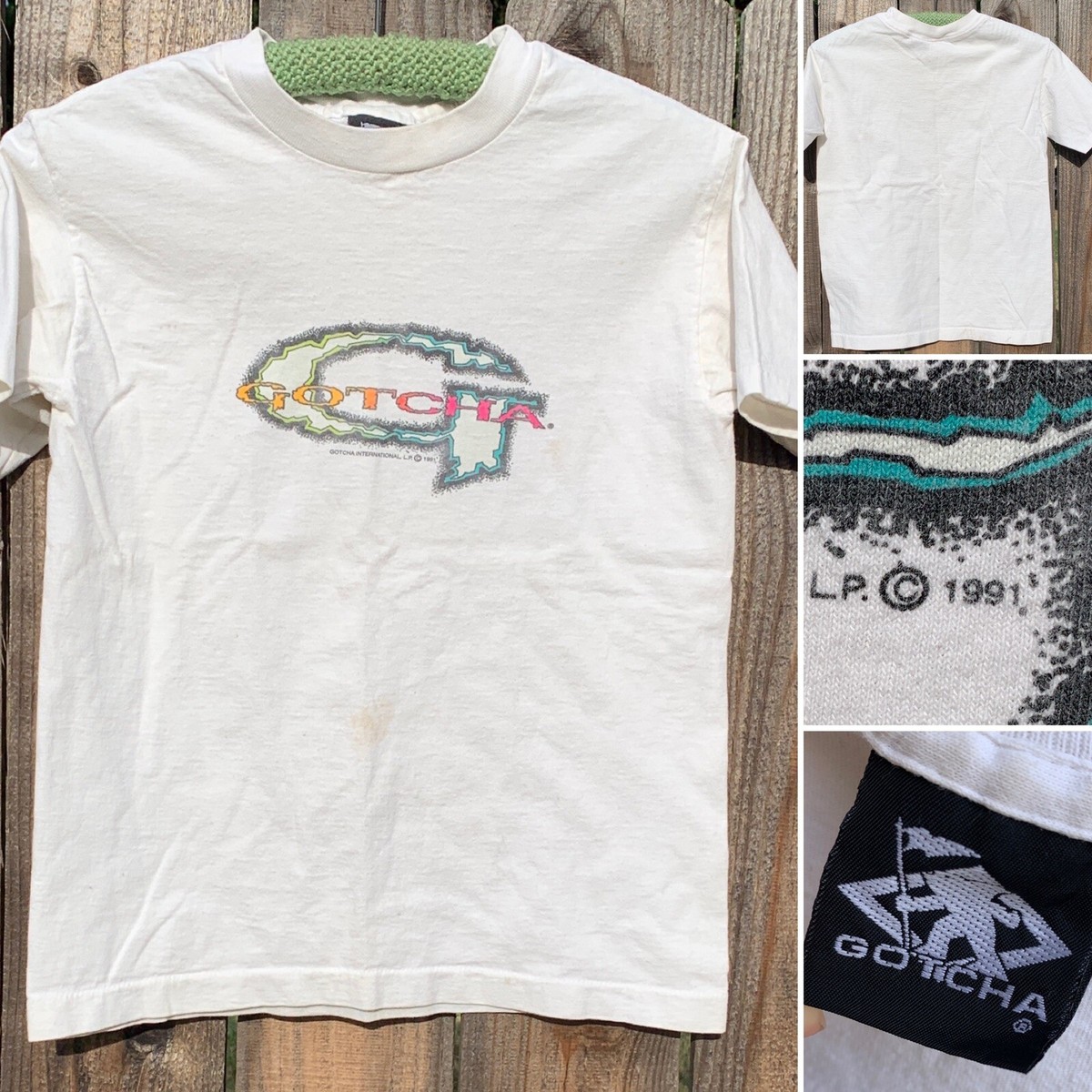 Vintage GOTCHA T Shirt c 1991 Neon 90s Beach Surf Graphic Tee Kids 