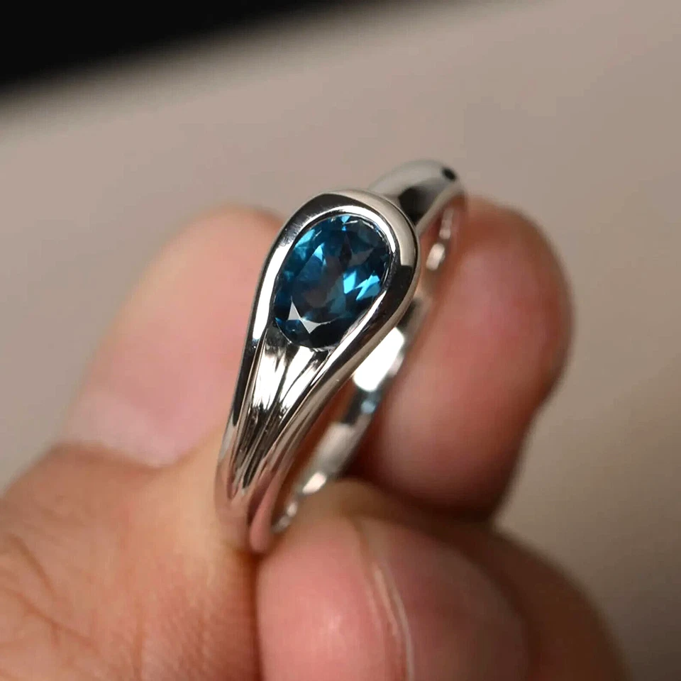 Anillo Topacio Azul Londres Anillo Corte Ovalado Anillo Regalo Cumpleaños Anillo Plata de Ley 925 Foto 2 de 4