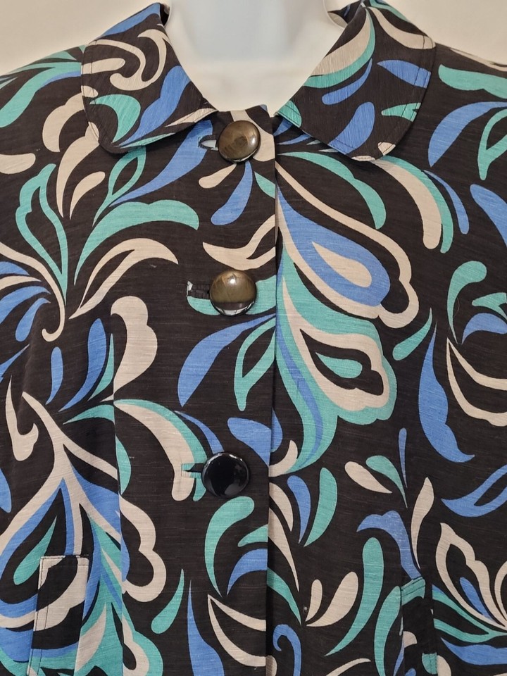 Silk Land Womens Jacket XL Silk Floral Pattern Big Button Lined Blue