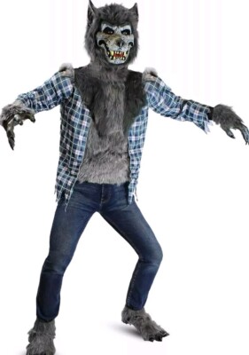 Boy Howling Werewolf Deluxe Costume with Mask,Werewolf Claws Gloves,Boot Covers