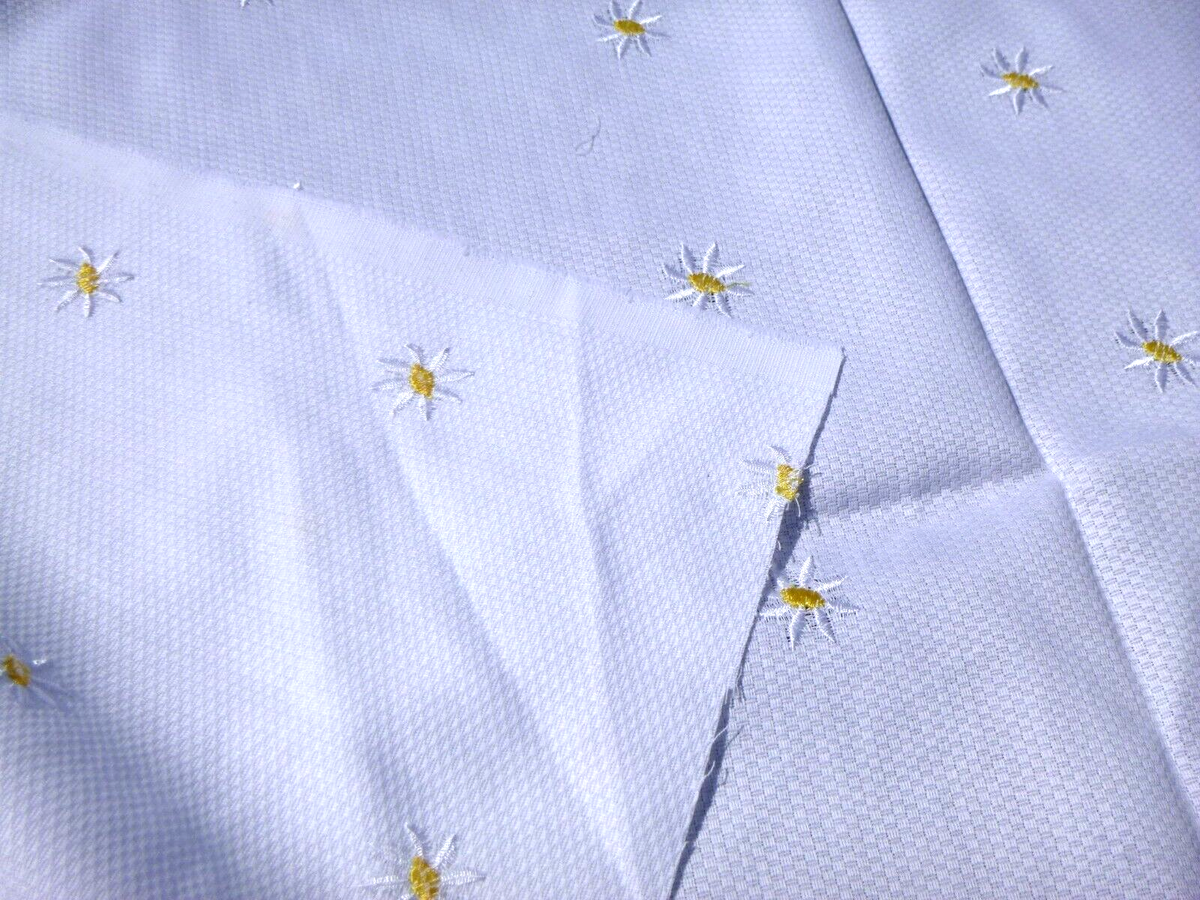 Vtg Cotton Textured Weave Fabric W/ White Embroidered