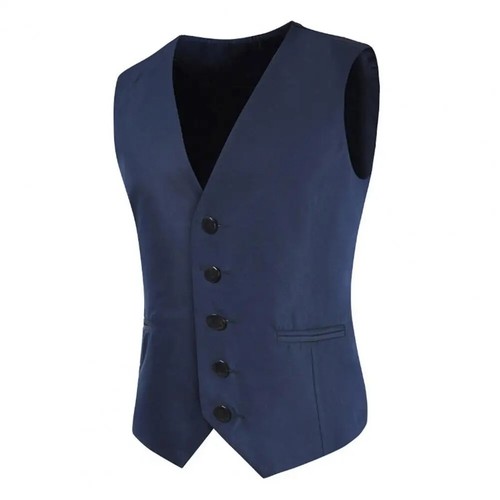 Men Suit Vest V-Neck Sleeveless Single-Breasted Suit Jacket Solid Color Pockets - Picture 4 of 28