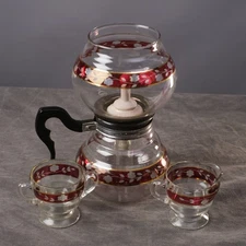 KENT Vacuum Coffee Percolator 1940s Ruby Floral 8 Cups with Cream & Sugar