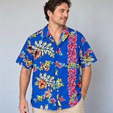 Reyn Spooner Hawaiian Shirt Mens M Blue Ukulele Floral Cotton Aloha Made in USA