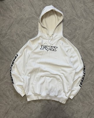 Fox Racing Hoodie Mens L White Black Graphic Sleeve Print Pullover XL Y2K READ