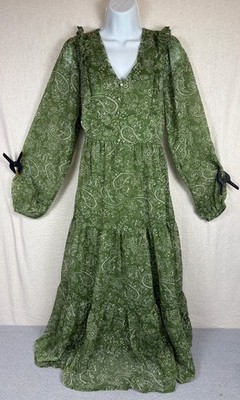 In The Style Damen Midikleid UK 6 Grün Paisley Stufen V-Ausschnitt Langarm Neu mit Etikett