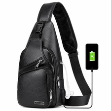 Black Chest Crossbody Bag Sling Backpack for Men with USB Charge Port