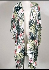 Moss Rose Cover up Kimono Womens OS Floral Palm Leaf Print Tropical Resort Beach