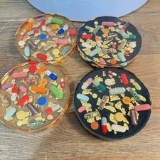 Acrylic Drink Coasters 4" FAKE Happy Pills Capsules RX Gold Flake Set of 4