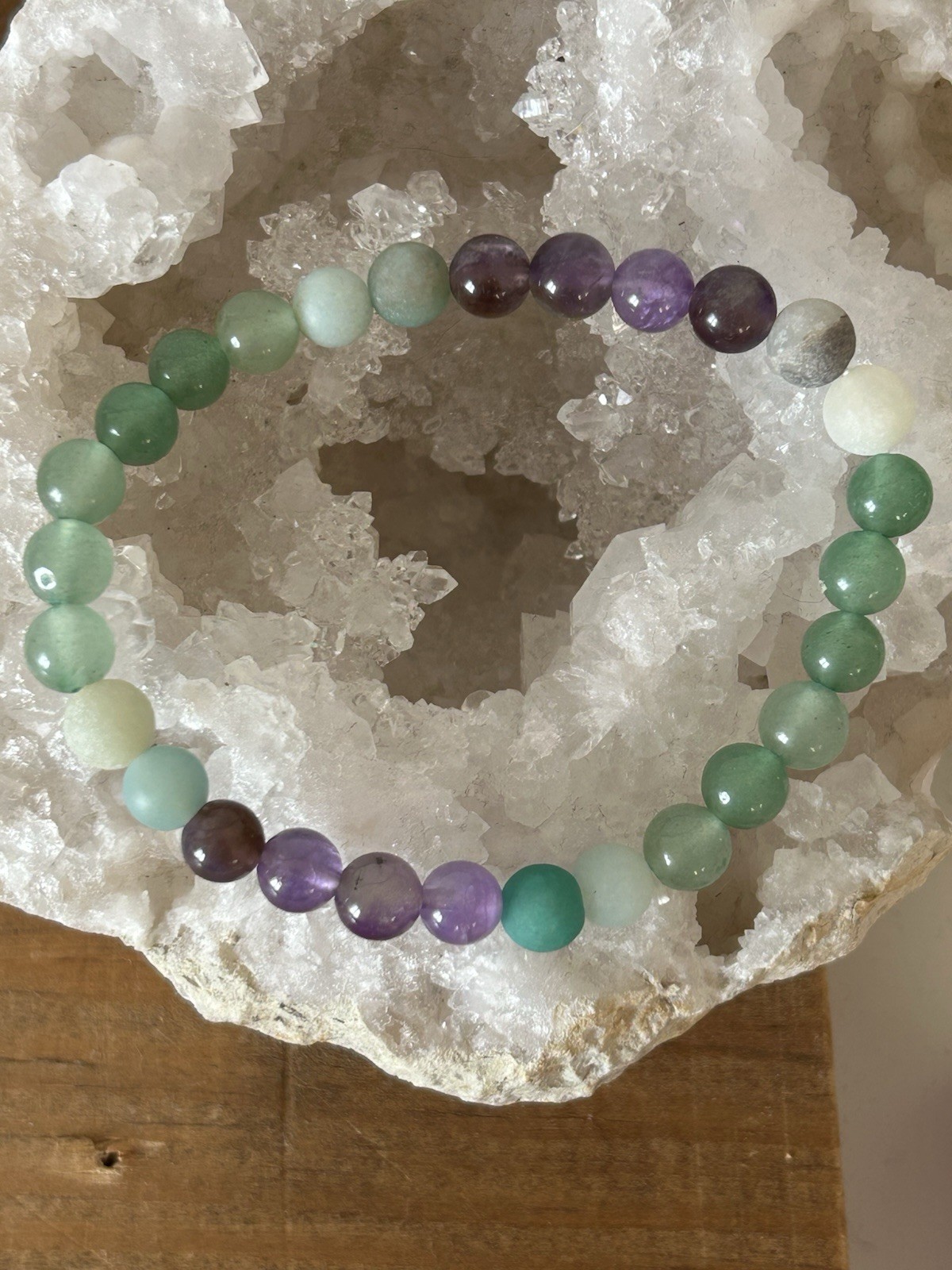 Bracelet en améthyste véritable et amazonite 18 cm aux finitions soignées