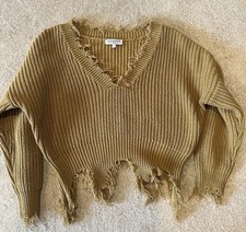 Fashion Nova Beige Distressed Chunky Knit Pullover V-Neck Sweater Long Sleeve S