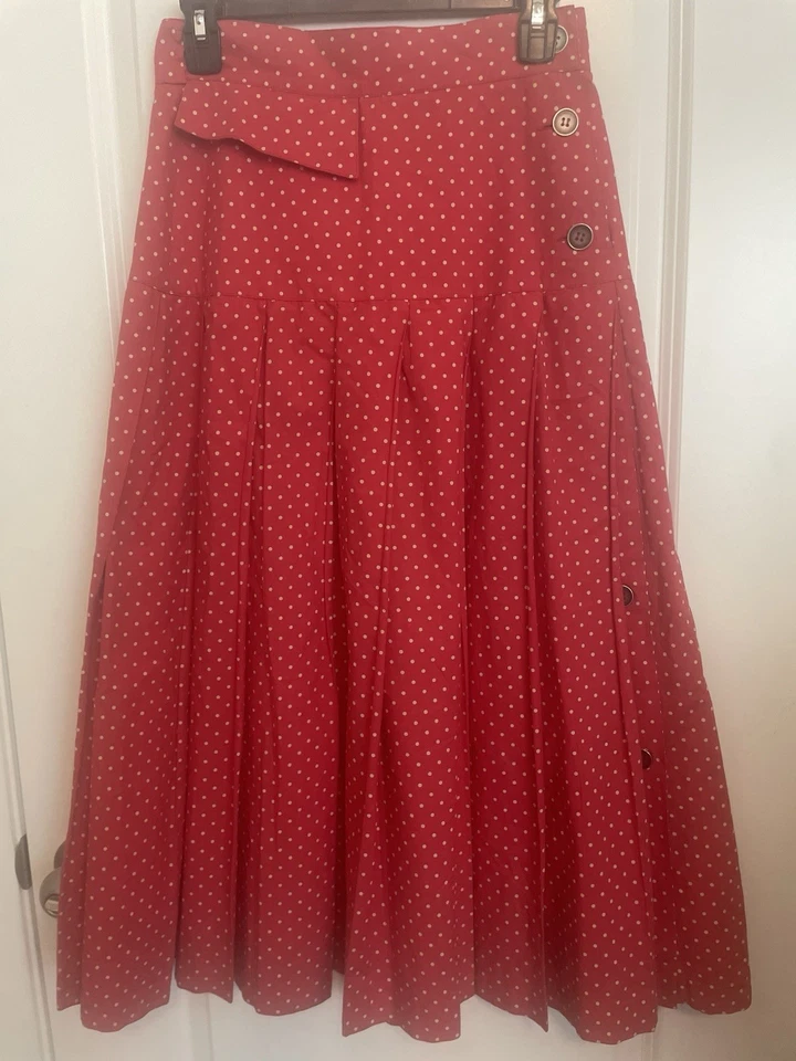 Byblos Italy Vintage Midi Polka Dot Flare Skirt Red Cotton Blend Size 40 - Image 2 of 4