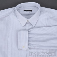 DOLCE & GABBANA Martini Blue Striped 100% Cotton French Cuff Dress Shirt - 17