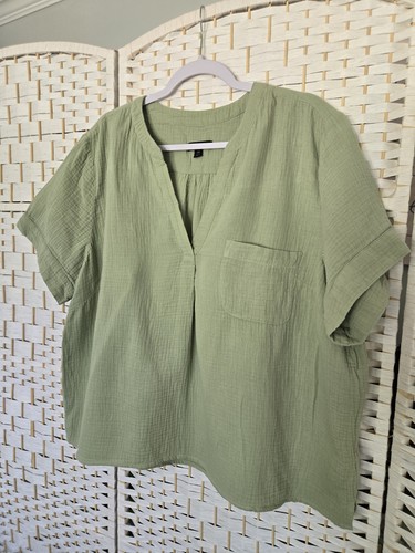 Womens J Crew Top Sage Gauze Cotton Short Sleeve Pocket Pull Over V Neck Sz 2X