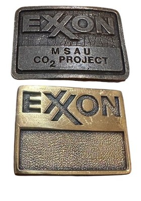 Set of Two Vintage 1978 1980 Exxon Brass Belt Buckles Made in USA