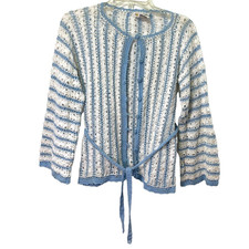 Vintage Banff Cardigan Sweater Womens Large Belted Blue White Covered Buttons