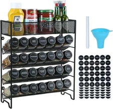 Spice Rack Organizer with 28 Spice Jars, Black Lids，Spice Labels, Chalk pen and