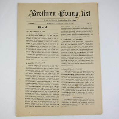 Brethren Evangelist Christian Newspaper Ashland Ohio Antique August 20th 1902