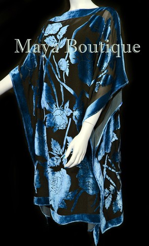 Caftan Dress Kimono Silk Burnout Velvet Blue Black Hand Dyed Maya Matazaro - Picture 2 of 10