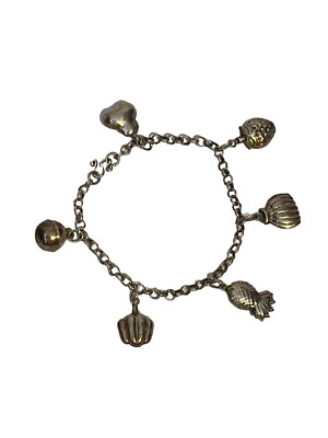 Silver Tone Charms Pineapple Strawberry Pear Bracelet 6''