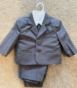 Boys Grey 5-piece Suit 12-18 Mth pants vest shirt tie jacket Ring Bearer Wedding