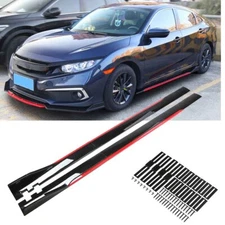 86.6" Gloss Black w/ Red Side Skirt Lip Extension Panel Body Kit For Honda Civic