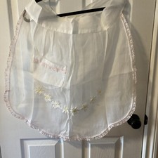 Vintage Apron Sheer Light Pink Pastel Daisy Design  Lace Pocket Tie Granny Core